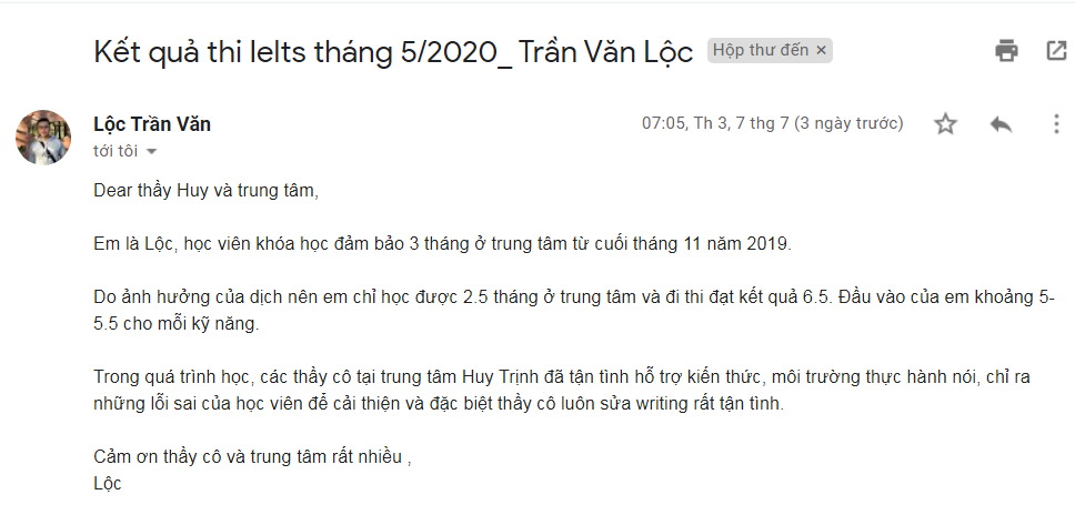 FEEDBACK TRẦN VĂN LỘC - Học Phí Anh Ngữ Huy Trịnh